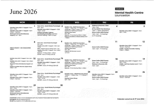 June 2026 Services Calendar Shares Recovery and Support Resources in Launceston